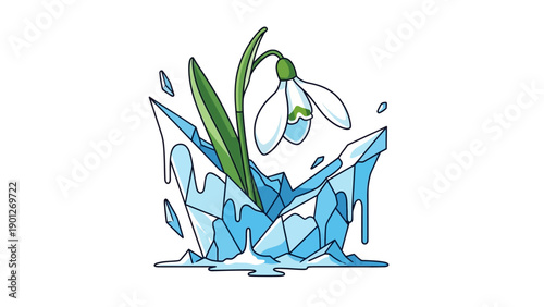 Snowdrop Flower Emerging from Melting Ice Shards. Cartoon Vector Illustration of Spring Thaw, Resilience, and Hope.
