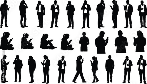 Silhouette set of business people and professionals using smartphones, men and women talking on phones and texting, isolated on white background, mobile communication