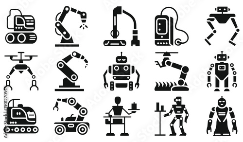 Industrial robot icons set for factory automation. Editable Vector.