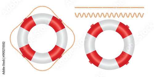 Red and White Lifebuoy Ring with Safety Rope Vector