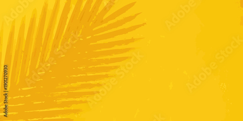 A vibrant yellow background with a partial palm leaf silhouette