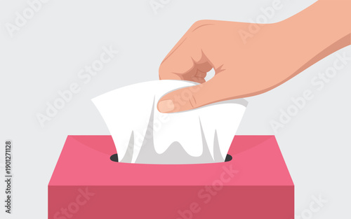 Close up view of hand reaching for soft tissue in bright pink box for cold and allergy relief design