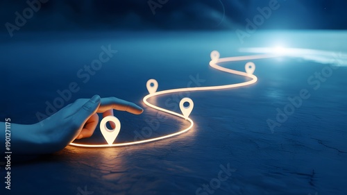 Hand Following Neon Path with Map Location Pins for Business Growth and Customer Journey Concept