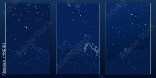 A triptych of nighttime landscapes featuring mountains and starry skies