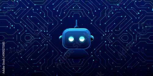A futuristic blue robot centered within a complex circuit board pattern