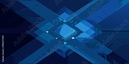 Abstract geometric composition featuring intersecting lines and illuminated central form