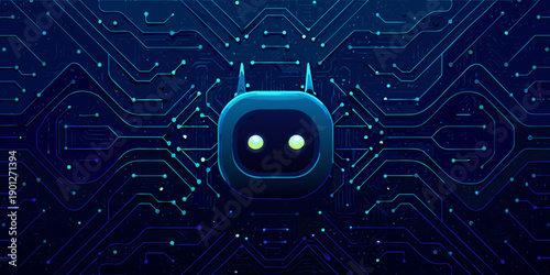 A blue robotic face centered on a complex circuit board background