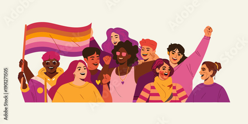 A diverse group of people celebrating with a lesbia pride flag