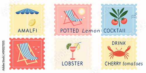 Colorful summer themed postage stamps depicting beach and food illustrations
