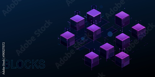 Isometric purple blocks connected by lines on a dark blue background