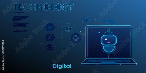 Digital technology illustration featuring a laptop and robotic mouse interface