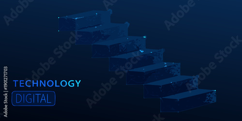 Abstract digital staircase with glowing lines on a dark blue background