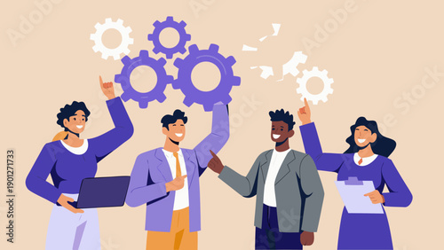 Teamwork and innovation people celebrating with gears and mechanisms around them