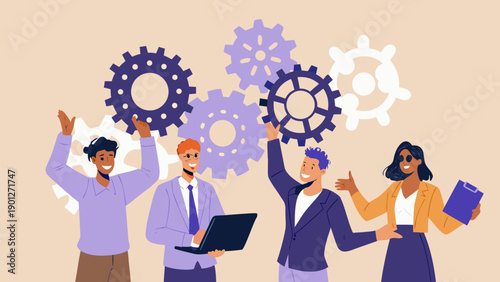 Teamwork and innovation people celebrating success with gears and technology