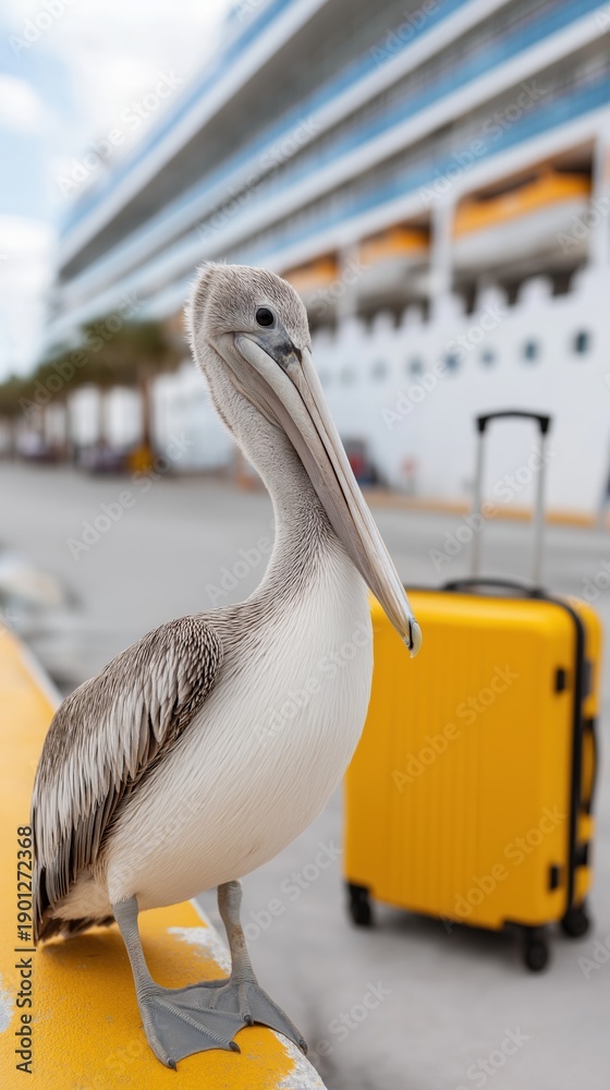 Fototapeta premium Pelican perched near cruise ship with yellow luggage at dockside
