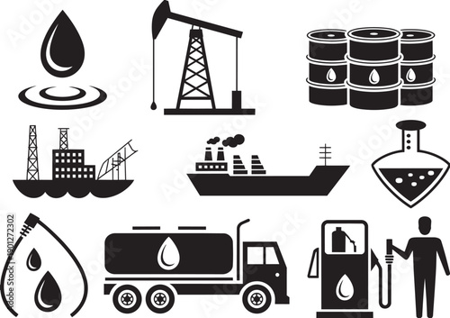 A collection of black icons representing various elements of the petroleum and energy industry