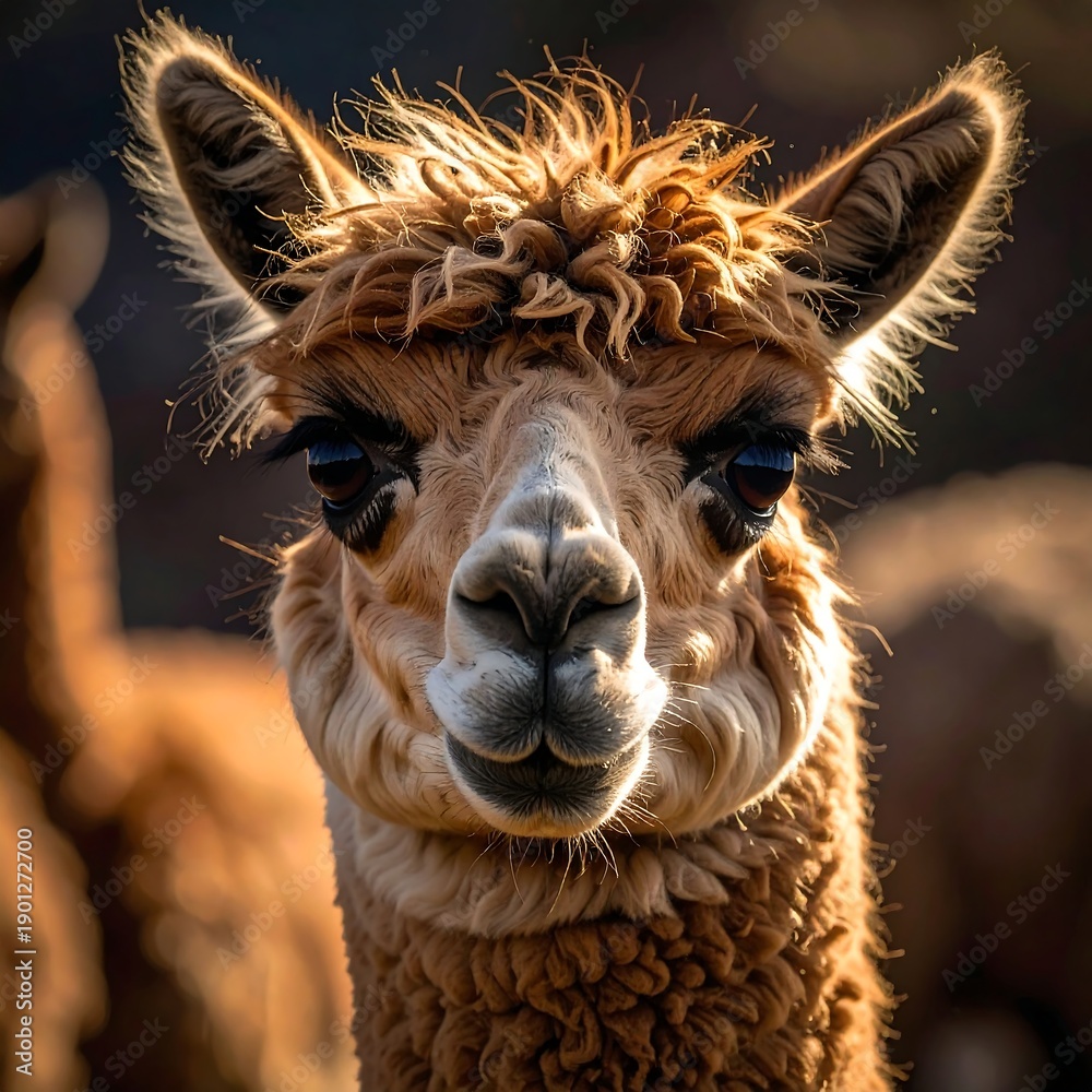 Fototapeta premium Close-up of a fluffy alpaca with golden fur looking directly at the viewer