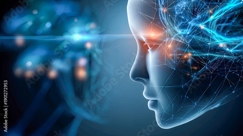 Menschliches Profil mit digitaler Schaltkreisstruktur als Visualisierung von künstlicher Intelligenz, neuronalen Netzwerken und moderner Technologie im Kontext von Innovation und Digitalisierung.