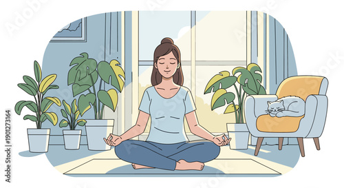 Woman meditating peacefully in a serene home interior, surrounded by green houseplants and a sleeping cat, enjoying a moment of mindfulness.