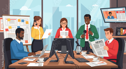 Diverse group of media professionals collaborating on news production in a busy modern office environment with a city skyline view.