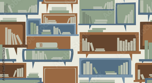 Bookshelves filled with books create a seamless pattern with a minimalist, abstract design featuring various muted colors on a light background.