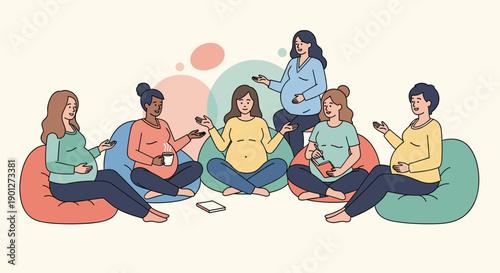 Expectant mothers sharing experiences and advice during a supportive prenatal group meeting or class, fostering community and connection.