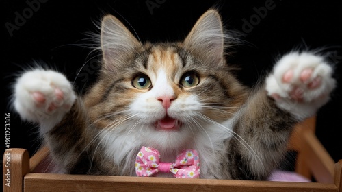 Playful kitten with pink bowtie posing confidently