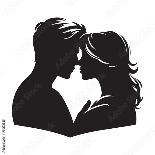 Silhouette of romantic couple facing each other closely, black vector illustration symbolizing intimacy and affection