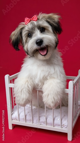Adorable fluffy puppy with red bow posing in white crib on red background