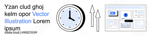 Time management, productivity tools, scheduling, digital workflow, efficiency, online dashboards. Clock with two arrows pointing upward next to a website interface. Time management and productivity