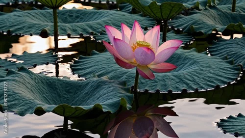 Wallpaper Mural Lotus Blossom in Pond: The exquisite beauty of a lotus flower unfolds, its delicate pink petals contrasting against a backdrop of broad, green lily pads in a serene pond. Torontodigital.ca