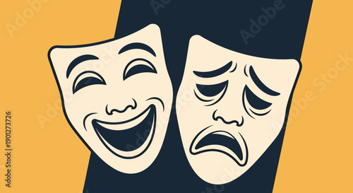 Two theatrical masks representing comedy and tragedy are vividly illustrated against a split dark blue and vibrant orange background.