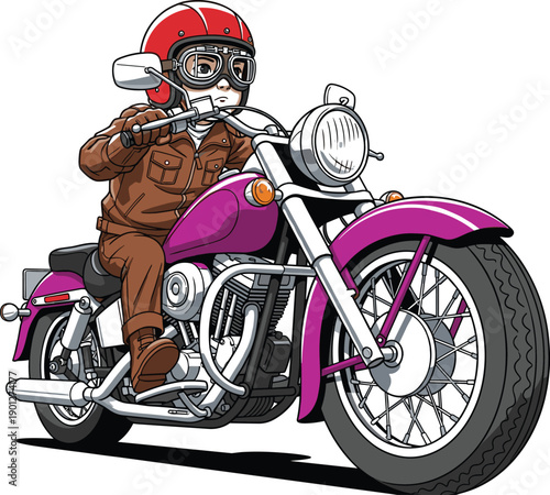 Cartoon character riding vintage motorcycle on white background