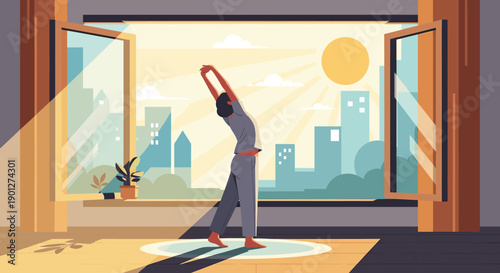 Person stretching in front of an open window, welcoming the bright morning sun and enjoying the peaceful city view from their home.
