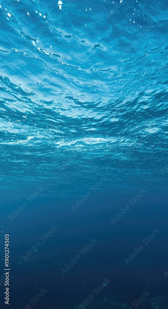 Obraz premium Dynamic blue ocean water full of healthy life and vigorous movement, showcasing a thriving, vibrant aquatic ecosystem deep underwater ,submarine ,thriving ,ecology