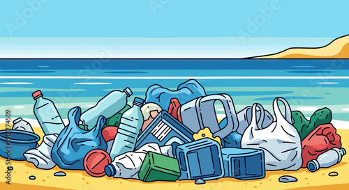 Accumulated plastic waste litters sandy beach shoreline with the vast blue ocean and clear sky in the background, symbolizing environmental crisis.