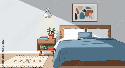 Beautifully designed modern bedroom interior featuring a comfortable bed, nightstand, and abstract wall art with warm lighting and a rug.