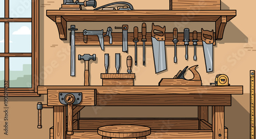 Traditional wooden workbench filled with various carpentry tools hanging on the wall and resting on the surface in a workshop setting.