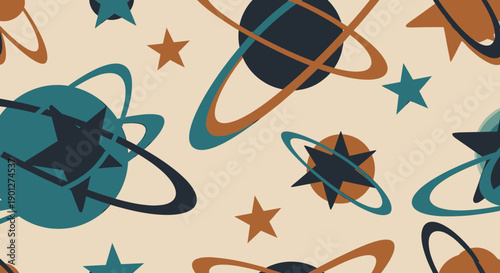 Abstract planets, rings, and stars create a captivating seamless cosmic pattern design with a retro feel on a light beige background.