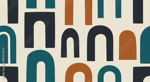 Modern abstract geometric shapes compose a stylish seamless pattern featuring various forms in a contemporary design with a neutral background.