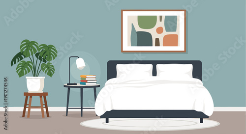 Modern bedroom interior design featuring a comfortable bed with white pillows and duvet, a nightstand with a lamp and books, and a potted plant.