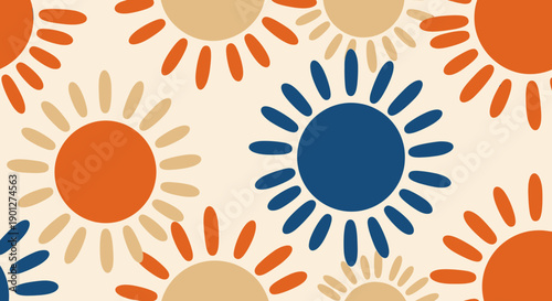 Stylized suns pattern with colorful abstract shapes creating a vibrant and cheerful summer design for a decorative background or textile.