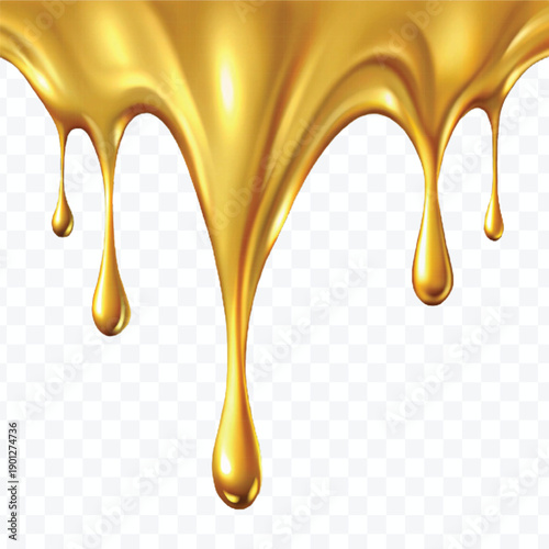 realistic 3d liquid gold dripping down in different style isolated on transparent background