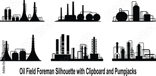 Collection of various industrial factory and refinery silhouettes depicting heavy manufacturing plants and infrastructure