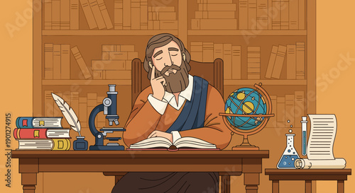 Bearded scholar contemplating ancient knowledge at his desk, surrounded by scientific instruments and books in a historical library setting.