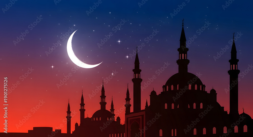 Fototapeta premium Moonlit skyline over a majestic mosque with minarets and dome at sunset