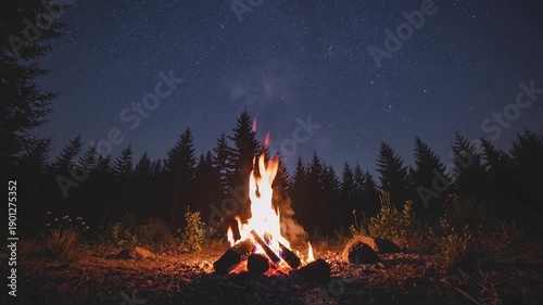 Wallpaper Mural Campfire Under the Stars: A mesmerizing campfire crackles and dances beneath a canopy of stars. Flames illuminate the surrounding trees and create a cozy atmosphere in the night. Torontodigital.ca