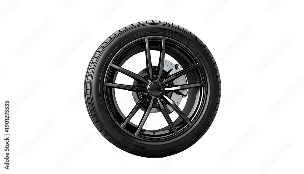 Obraz premium Sleek, isolated close-up of a modern, black car wheel and tire against a dark background
