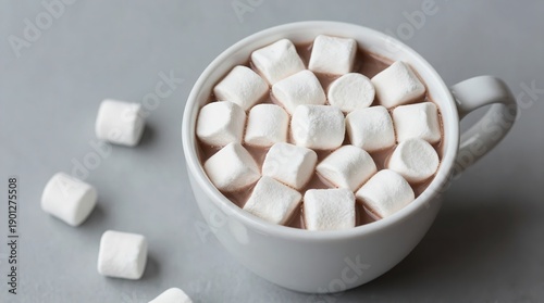 A white mug filled with hot chocolate and marshmallows on a gray surface