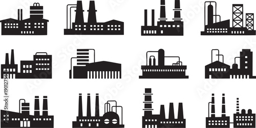 Grid of twelve diverse industrial factory building silhouettes without any smoke emissions displayed